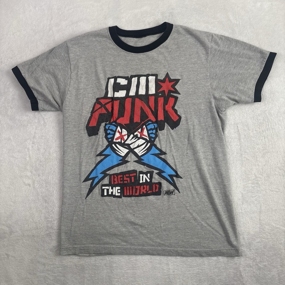 AEW CM Punk Best In The World Grey Ringer Graphic Shirt Men's Medium